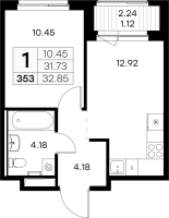 1 ккв № 353 Корп.: 2 , Секция 4  в ЖК Новоселье
