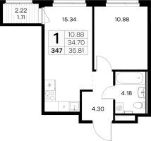 2 ккв (Евро) № 347 Корп.: 1 , Секция 4  в ЖК Новоселье