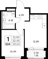 1 ккв № 524 Корп.: 2 , Секция 5  в ЖК Новоселье