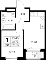 1 ккв № 391 Корп.: 2 , Секция 4  в ЖК Новоселье