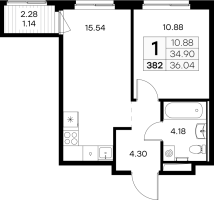 2 ккв (Евро) № 382 Корп.: 2 , Секция 4  в ЖК Новоселье