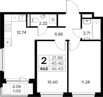 2 ккв № 465 Корп.: 1 , Секция 5  в ЖК Новоселье