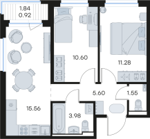 3 ккв (Евро) № 5 Корп.: 3 , Секция 1  в ЖК Новоселье