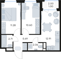 2 ккв № 254 Корп.: 3 , Секция 4  в ЖК Новоселье