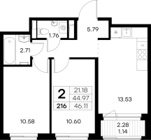 2 ккв № 216 Корп.: 3 , Секция 3  в ЖК Новоселье