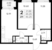 2 ккв № 211 Корп.: 3 , Секция 3  в ЖК Новоселье