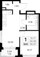 2 ккв (Евро) № 300 Корп.: 3 , Секция 4  в ЖК Новоселье