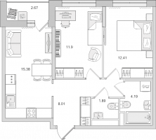 3 ккв (Евро) № 585 Корп.: 2.4 Уч. 2 , Секция 2  в ЖК Новые горизонты