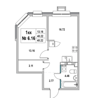 2 ккв (Евро) № 6.16 Корп.: 1 , Секция 2  в ЖК Новый Город
