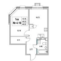 2 ккв (Евро) № 4.16 Корп.: 1 , Секция 2  в ЖК Новый Город