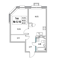 2 ккв (Евро) № 5.16 Корп.: 1 , Секция 2  в ЖК Новый Город