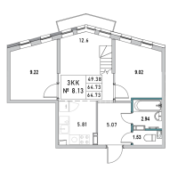 3 ккв (Евро) № 8.13 Корп.: 1 , Секция 1  в ЖК Новый Город