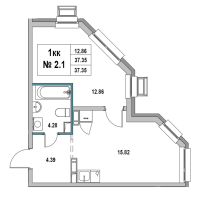 2 ккв (Евро) № 2.1 Корп.: 1 , Секция 1  в ЖК Новый Город