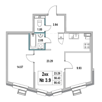 3 ккв (Евро) № 3.9 Корп.: 1 , Секция 1  в ЖК Новый Город
