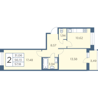 2 ккв № 1012 Корп.: 2-4 Уч. 20-25 , Секция 22  в ЖК Новый Лесснер