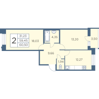 2 ккв № 309 Корп.: 2-2 Уч. 6-11 , Секция 7  в ЖК Новый Лесснер