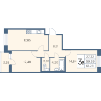 3 ккв (Евро) № 1340 Корп.: 2-5 Уч. 26-30 , Секция 29  в ЖК Новый Лесснер