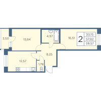 2 ккв № 1208 Корп.: 2-5 Уч. 26-30 , Секция 26  в ЖК Новый Лесснер