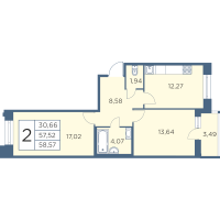 2 ккв № 408 Корп.: 2-2 Уч. 6-11 , Секция 9  в ЖК Новый Лесснер