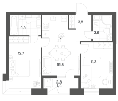 3 ккв (Евро) № 121 Корп.: 2.6 , Секция 3  в ЖК Новый Питер