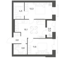 3 ккв (Евро) № 185 Корп.: 2.6 , Секция 4  в ЖК Новый Питер