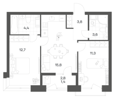 3 ккв (Евро) № 131 Корп.: 2.6 , Секция 3  в ЖК Новый Питер