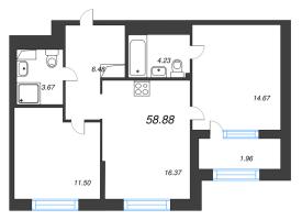 3 ккв (Евро) № 185 Корп.: 2 , Секция 1  в ЖК ORO by Akvilon