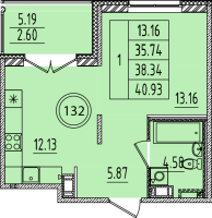 1 ккв № 132 Корп.: 3 , Секция 5  в ЖК Образцовый квартал 14