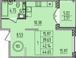 1 ккв № 105 Корп.: 1 , Секция 4  в ЖК Образцовый квартал 14
