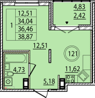 1 ккв № 121 Корп.: 1 , Секция 4  в ЖК Образцовый квартал 15