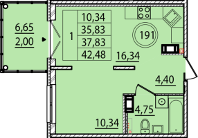 2 ккв (Евро) № 191 Корп.: 1 , Секция 6  в ЖК Образцовый квартал 15