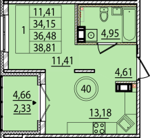 1 ккв № 40 Корп.: 1 , Секция 2  в ЖК Образцовый квартал 15