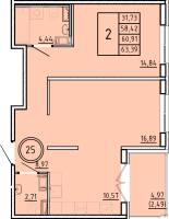 2 ккв № 25 Корп.: 1 , Секция 1  в ЖК Образцовый квартал 16