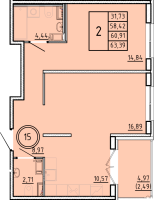 2 ккв № 15 Корп.: 1 , Секция 1  в ЖК Образцовый квартал 16