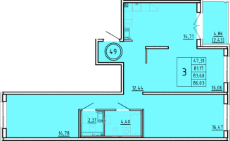 3 ккв № 49 Корп.: 3 , Секция 2  в ЖК Образцовый квартал 16