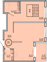 2 ккв № 35 Корп.: 1 , Секция 1  в ЖК Образцовый квартал 16