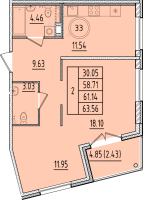 2 ккв № 33 Корп.: 1 , Секция 1  в ЖК Образцовый квартал 17