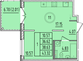 2 ккв (Евро) № 11 Корп.: 1 , Секция 1  в ЖК Образцовый квартал 17