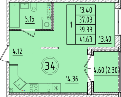 1 ккв № 34 Корп.: 2 , Секция 2  в ЖК Образцовый квартал 17