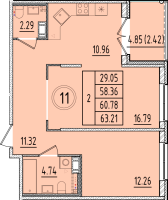 2 ккв № 11 Корп.: 2 , Секция 1  в ЖК Образцовый квартал 17