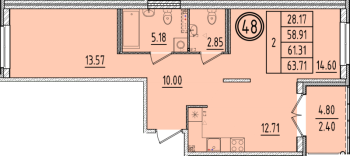 2 ккв № 48 Корп.: 2 , Секция 2  в ЖК Образцовый квартал 6.4