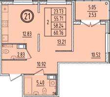 2 ккв № 21 Корп.: 2 , Секция 1  в ЖК Образцовый квартал 6.4