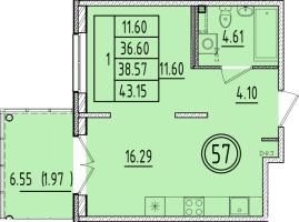 2 ккв (Евро) № 57 Корп.: 1 , Секция 3  в ЖК Образцовый квартал 6.4
