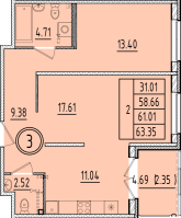 2 ккв № 3 Корп.: 1 , Секция 1  в ЖК Образцовый квартал 6.4