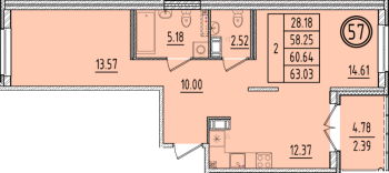2 ккв № 57 Корп.: 2 , Секция 2  в ЖК Образцовый квартал 6.4
