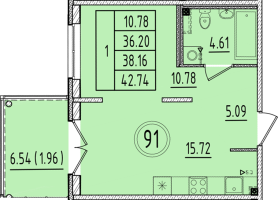 2 ккв (Евро) № 91 Корп.: 1 , Секция 4  в ЖК Образцовый квартал 6.4