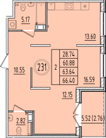 2 ккв № 231 Корп.: 1 , Секция 8  в ЖК Образцовый квартал 6.4