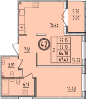 3 ккв (Евро) № 42 Корп.: 2 , Секция 2  в ЖК Образцовый квартал 6.4