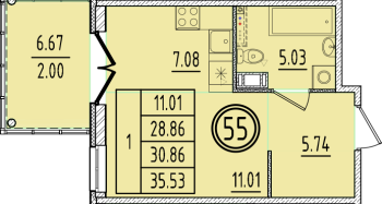 Студия № 55 Корп.: 2 , Секция 2  в ЖК Образцовый квартал 6.4