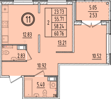 2 ккв № 11 Корп.: 2 , Секция 1  в ЖК Образцовый квартал 6.4